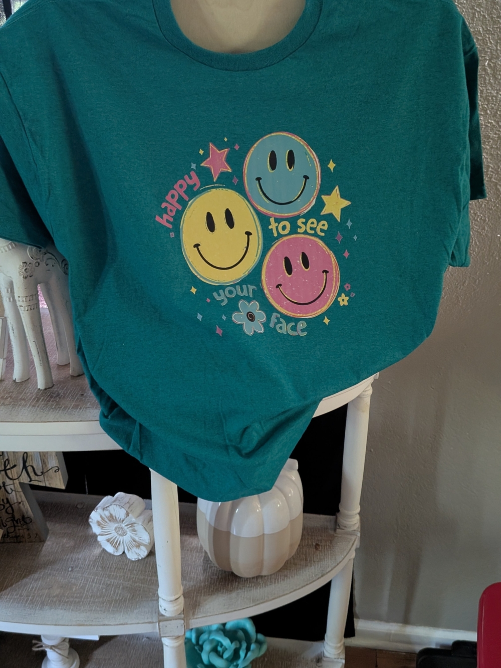 Gildan Teal Graphic Tee with Yellow Pink and Blue Smiley Faces - Picture 2 of 4